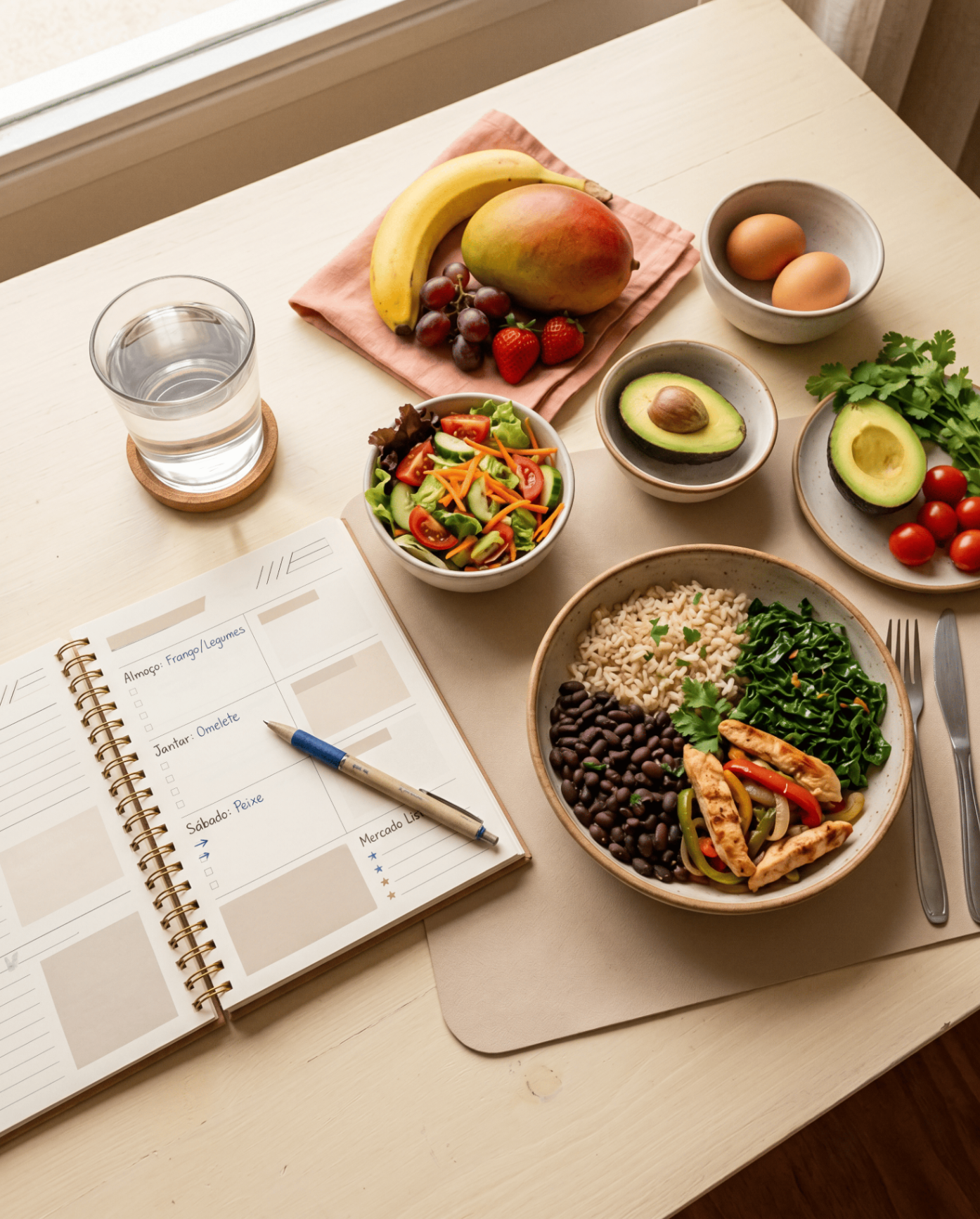 Mesa com refeições simples e planner do cardápio Ventre Leve 7D.